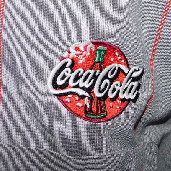 VTG 90s Coca Cola Work Uniform Shirt Mens 16 - 16.5 (M) Red Gray stripe Patch - Picture 3 of 10